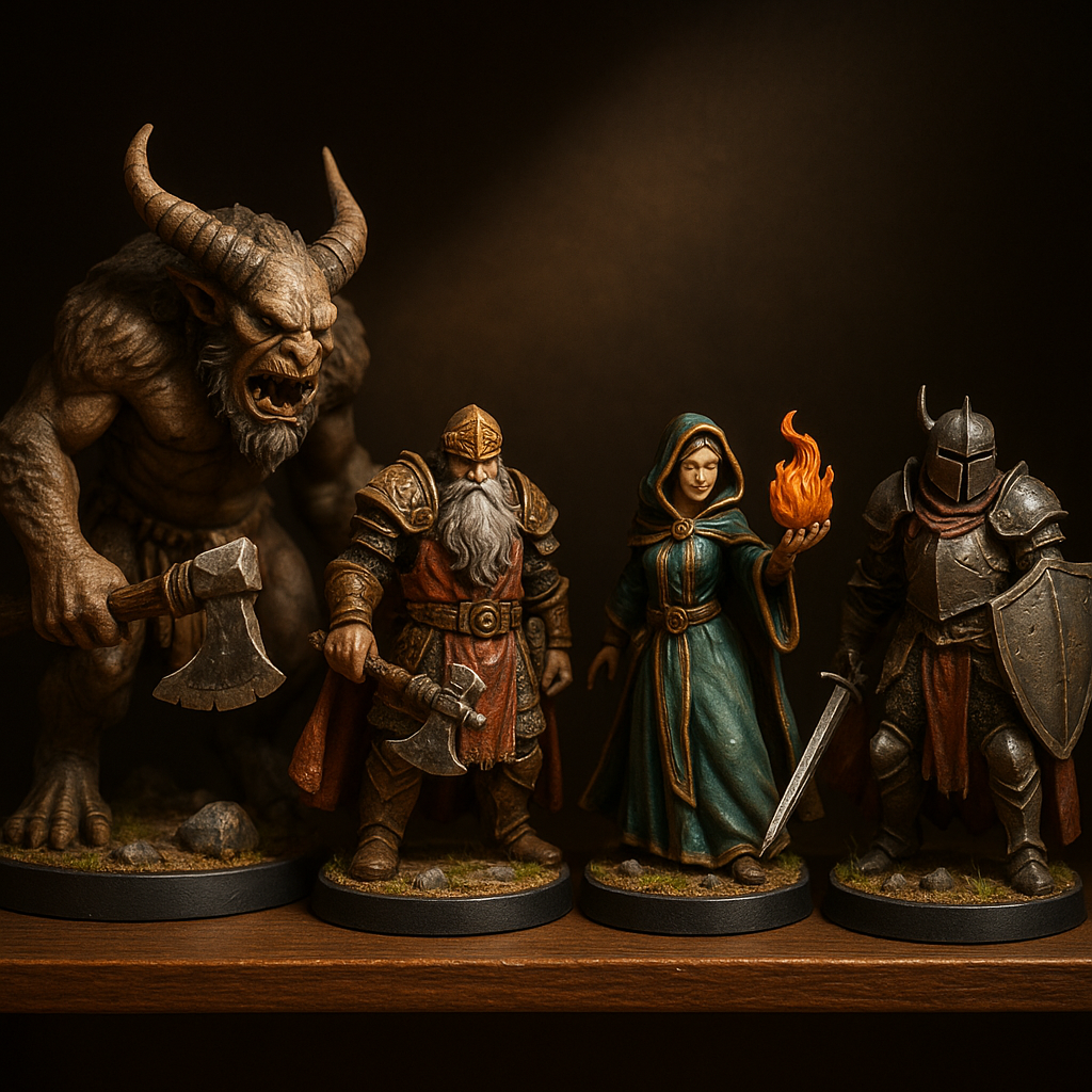 Beautifully painted board game miniatures on a display shelf
