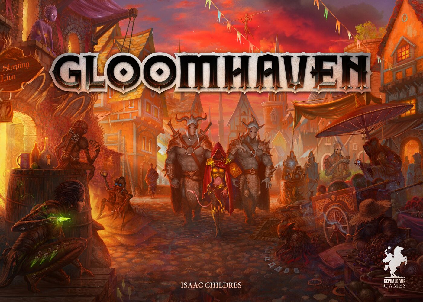 Gloomhaven box art - a massive dungeon crawl campaign game by Isaac Childres