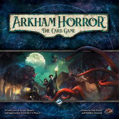 Arkham Horror: The Card Game box art - investigators face eldritch horrors in Arkham