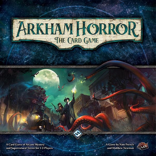 Arkham Horror: The Card Game box art featuring investigators in a dark Lovecraftian setting