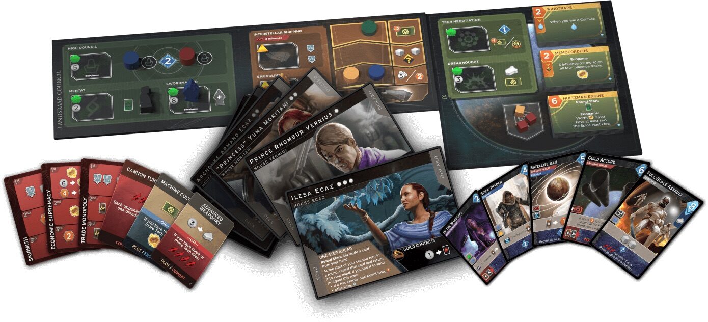 Dune Imperium game board showing factions, influence tracks and board spaces