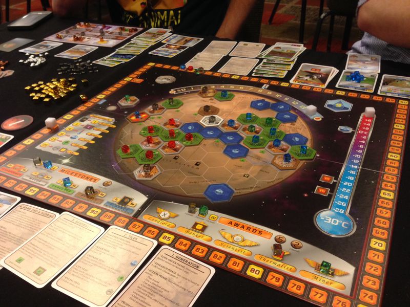 Terraforming Mars gameplay — the board fills up with tiles as players collectively terraform the planet