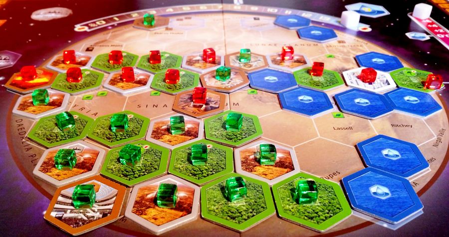 Terraforming Mars — player cards and resources spread across the table