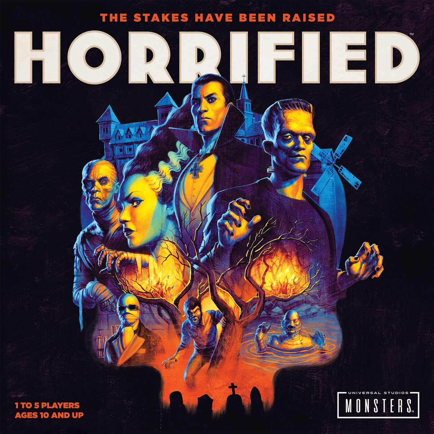 Horrified board game box art - classic monsters gather in a dark town