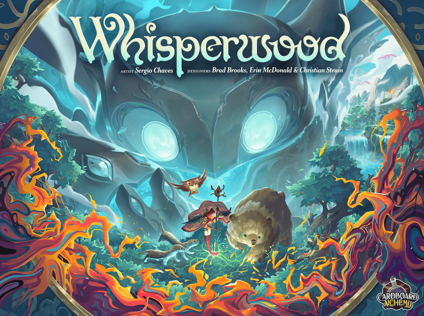 Whisperwood board game box art - Cardboard Alchemy bag-building druid game